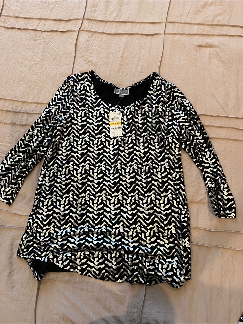 JM Collection Black & Silver Abstract Pattern Long Sleeve Top